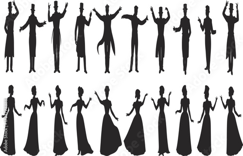 Victorian silhouette characters, formal vintage attire, elegant male and female poses, historical fashion vector, theatrical costume design, black illustration set, retro style