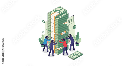 People work together to open a giant stack of cash representing financial growth and opportunities.