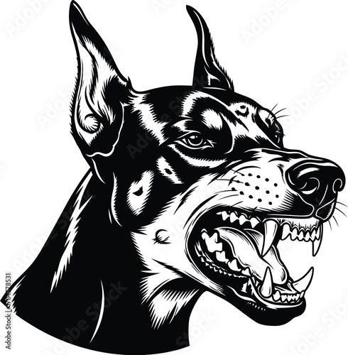 Fierce Doberman dog snarling with bared teeth, intense expression, strong protective presence.