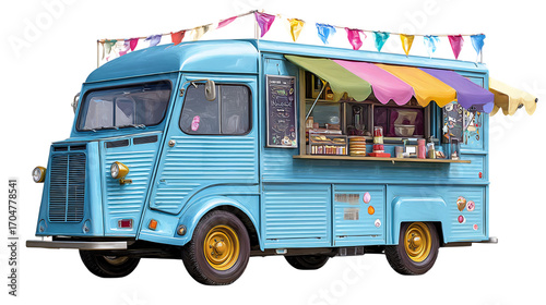A light blue food truck with colorful awning and pennant banners, set against a transparent backdrop, ideal for graphic design and illustrations, PNG