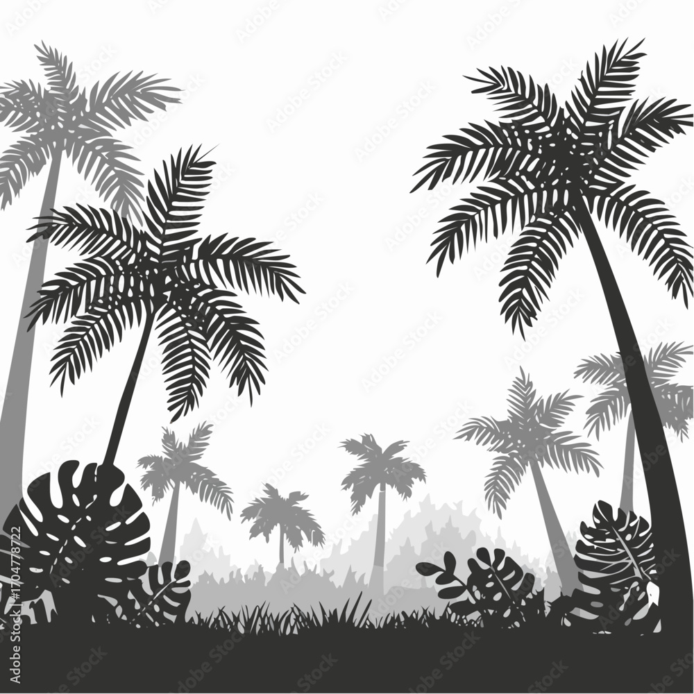 Fototapeta premium Jungle rainforest. Grass and palm trees. Nature landscape silhouette. Dense tropical thickets. Isolated on white background. Vector.