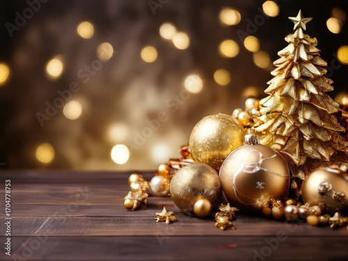 an AI Image Generator, Golden Christmas Decorations with Gift Boxes and Festive Tree on White Background
