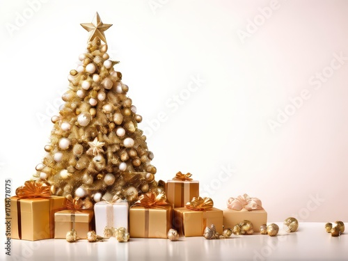 an AI Image Generator, Golden Christmas Decorations with Gift Boxes and Festive Tree on White Background