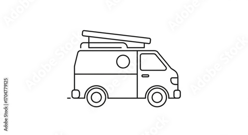 Outline drawing of a camper van with a popup roof, , perfect for travel and adventure