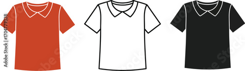 Three simple t-shirts in red, white, and black, showcasing classic collar designs.