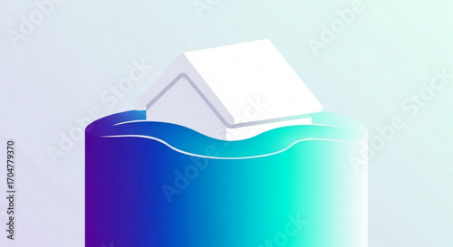 Minimalistic illustration of a house submerged in water, symbolizing flood risk and property damage