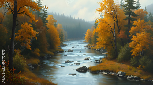 painting riverine landscape dense foliage. autumn landscape with river. Generated with AI