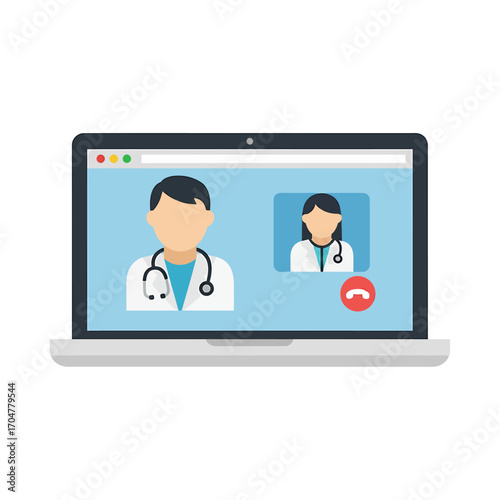 Online telehealth consultation: a doctor and patient video conferencing on a laptop.
