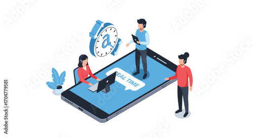 Digital marketing team collaborating on a real time project using a large smartphone.