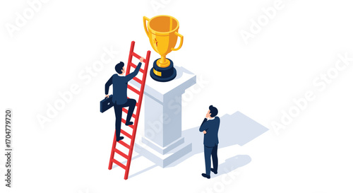 Business people climbing a ladder to reach a golden trophy on a pedestal.