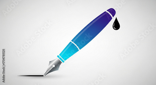 A blue fountain pen with a drop of ink writing on a
