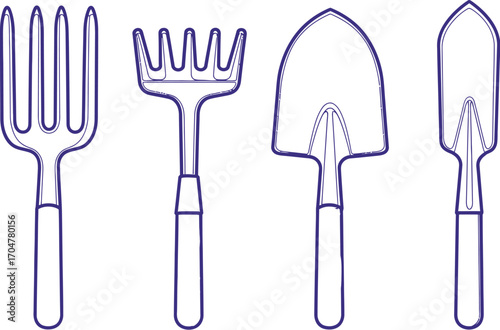 Set of simple garden tools including a fork, rake, spade, and trowel