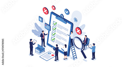 A team of professionals meticulously examines a detailed checklist on a large clipboard using a magnifying glass to ensure accuracy and compliance during a business audit.