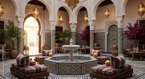 Ornate Moroccan courtyard with a central fountain intricate tile work patterned cushions and hanging lanterns