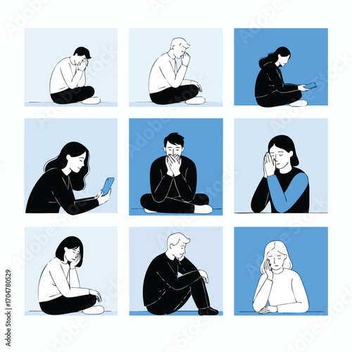 Set of diverse people in a minimalist line art style feeling sad anxious and lonely.