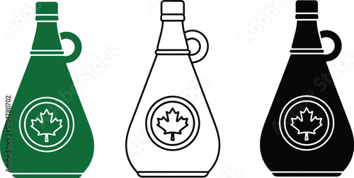 Iconic maple syrup bottles in green, outline, and black designs
