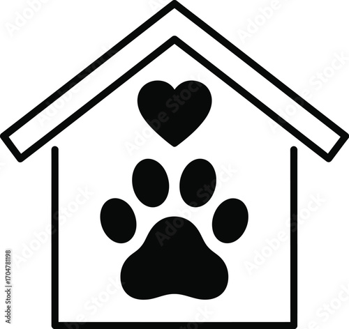 Loving home for pets symbolized by a paw print and heart inside a house outline.