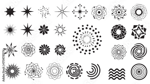 Retrofuturistic y2k geometry design elements collection, collection of abstract graphic geometric symbols and objects, Templates for notes, posters, banners, stickers, business cards, logo