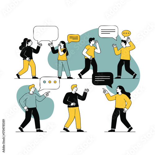 Set of modern flat design characters with speech bubbles representing communication discussion and social interaction.