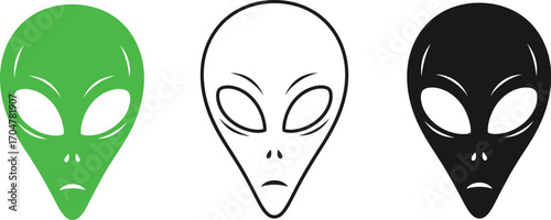 Three stylized alien heads in green, white outline, and black