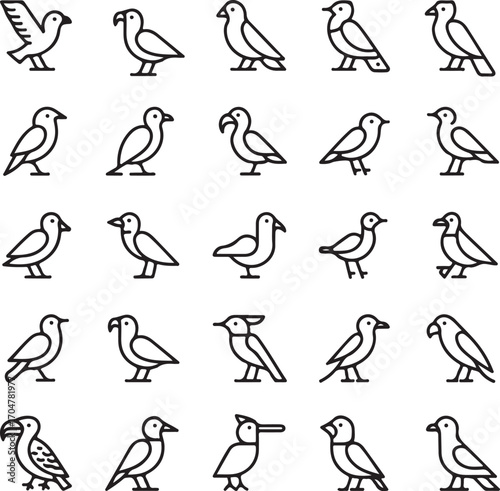 Collection of simple hand drawn bird icons in black and white outline style