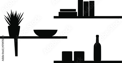 Modern wall shelves displaying a potted plant, a bowl, books, glasses and a wine bottle.