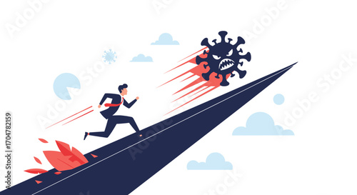 A businessman running downhill away from a virus that is chasing him.