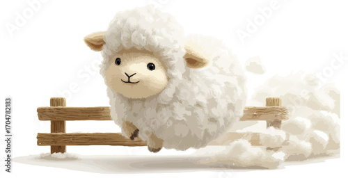 Cute sheep jumping over wooden fence