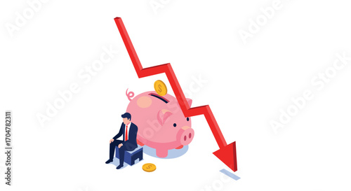 Financial downturn impacting investment growth and savings with a downward trending arrow and a piggy bank symbol.