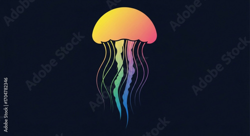 Vibrant jellyfish illustration with rainbow gradient tentacles on a dark background, creating a captivating and unique design