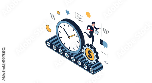 Man running on a conveyor belt with a giant clock and gear symbolizing time management and efficiency.