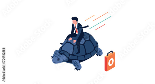 Businessman riding a giant turtle at high speed in a race towards a goal.