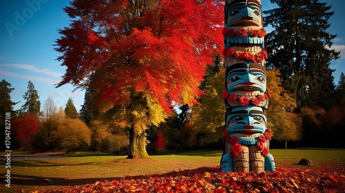 Autumnal totem pole amidst vibrant foliage