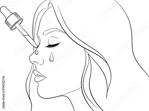 Woman applying serum with dropper to face for skincare routine, gentle beauty treatment