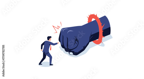 A small person bravely confronts a giant fist representing obstacles and challenges in life.
