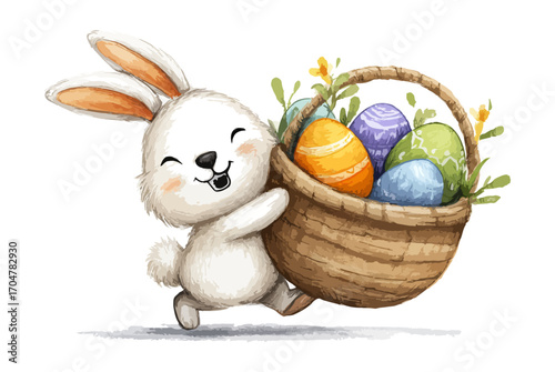Cute rabbit holding easter basket with eggs