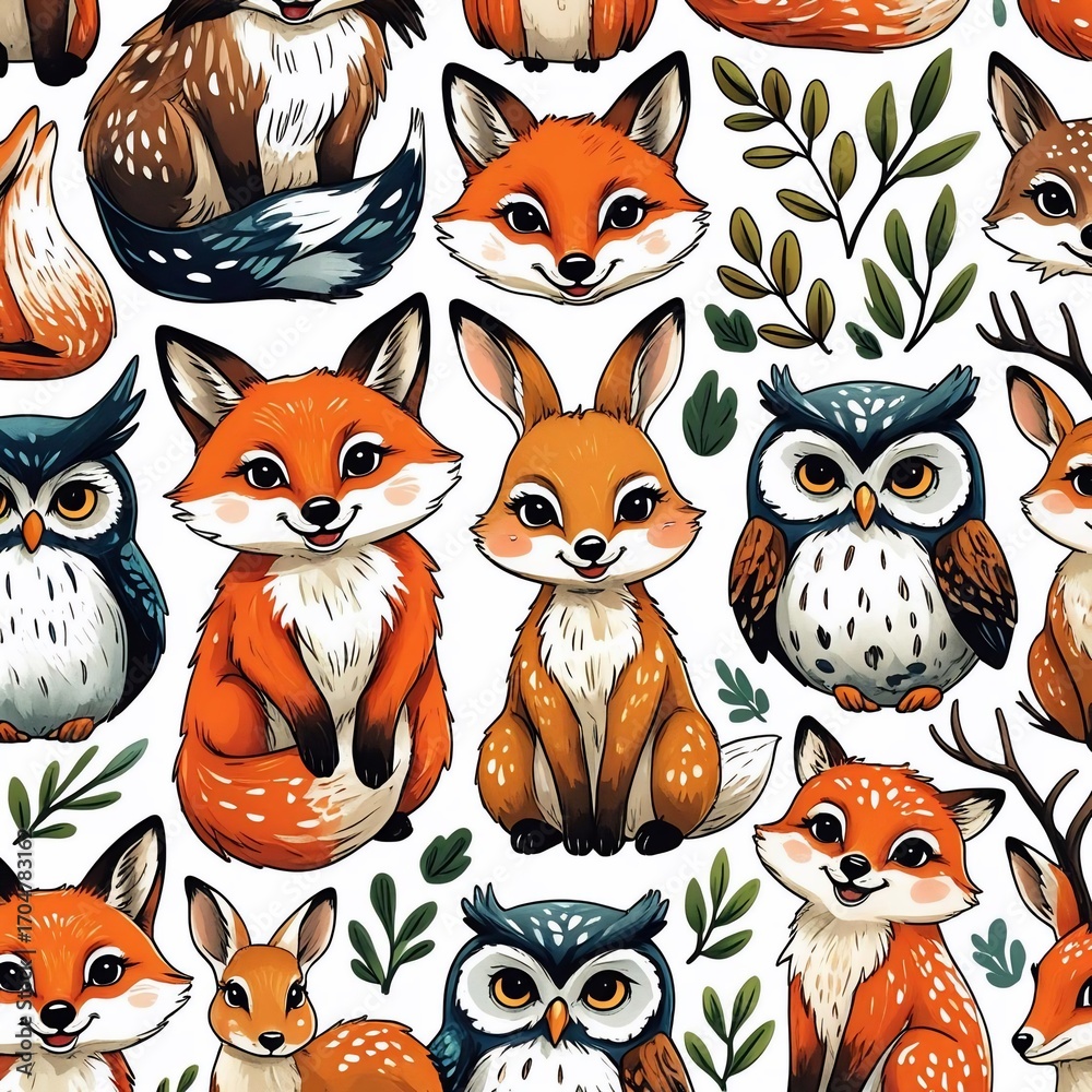 Fototapeta premium Adorable Forest Friends Woodland Creatures Pattern