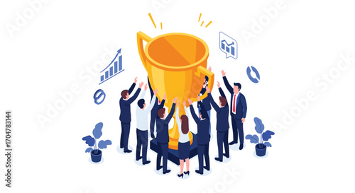 Successful business team celebrating a major achievement by lifting a golden trophy together.
