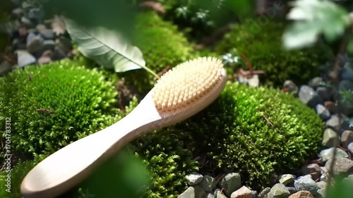 Wooden massage brush on mossy ground