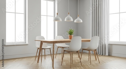 Modern dining room interior with wooden table white chairs and pendant lights
