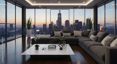 Modern living room with panoramic city views at sunset featuring a sectional sofa and marble coffee table
