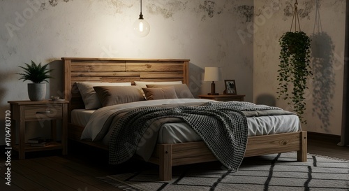 Rustic wooden bed with textured walls and hanging plant in a dimly lit room