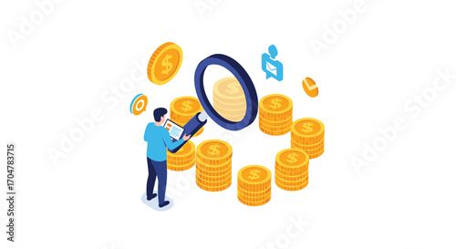 A person using a magnifying glass to examine coins arranged in a circle with a growth chart in the background.