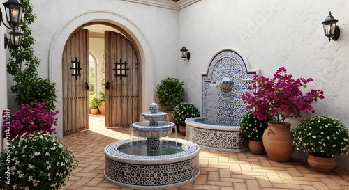 Courtyard with ornate fountains potted plants and rustic wooden doors leading inside