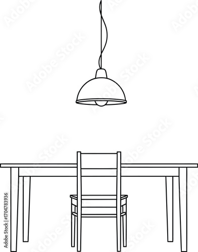 Simple dining table and chair set with overhead pendant light, clean line illustration
