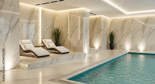 Luxurious indoor swimming pool area with white chaise lounges marble walls and ambient lighting