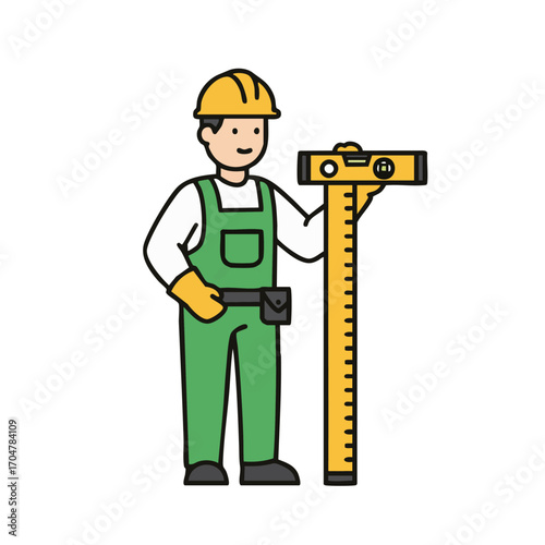 A friendly male construction worker wearing a hard hat and overalls stands confidently, holding a spirit level, symbolizing precision and safety in the building industry.