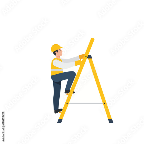 A construction worker in a hard hat and safety vest is carefully ascending a bright yellow A-frame ladder, demonstrating safety and progress in a professional work environment.