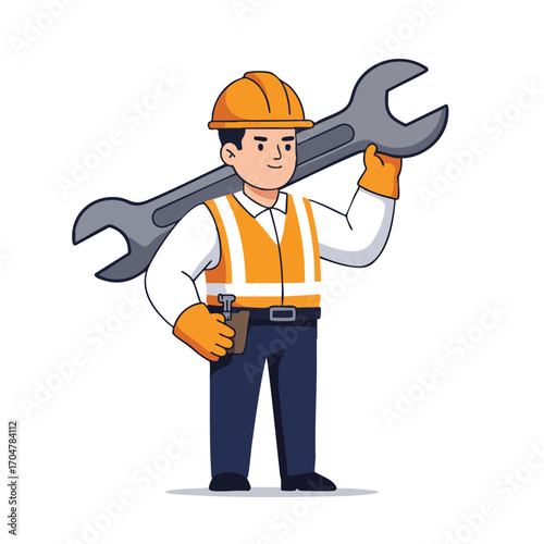 A confident male worker, wearing a hard hat and safety vest, proudly holds a large wrench, symbolizing expertise in industrial and mechanical maintenance.