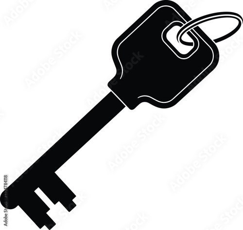 Simple black silhouette of a classic key on a white background, symbolizing access and security.
